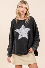 Black Star Graphic Long Sleeve Top with Mineral Wash Woman T Shirts