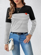 Black Striped Heart Detail Long Sleeve Shirt for Women Woman T Shirts