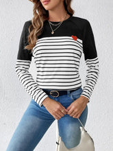 Black Striped Heart Detail Long Sleeve Shirt for Women Woman T Shirts