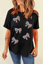 Black T-Shirt with American Flag Bow Pattern for Women Black Woman T Shirts