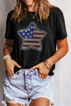 Black T-Shirt with American Flag Star and Light Blue Jeans Set Black Woman T Shirts