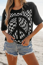Black T-Shirt with Checkered Peace Sign Graphic for Women Black Woman T Shirts