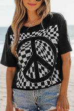 Black T-Shirt with Checkered Peace Sign Graphic for Women Woman T Shirts