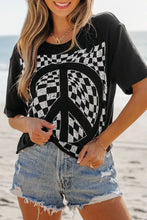 Black T-Shirt with Checkered Peace Sign Graphic for Women Woman T Shirts