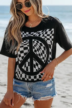 Black T-Shirt with Checkered Peace Sign Graphic for Women Woman T Shirts