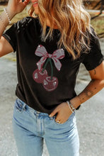 Black T-Shirt with Cherry Bow Design and Rhinestone Accents Woman T Shirts