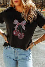Black T-Shirt with Cherry Bow Design and Rhinestone Accents Woman T Shirts
