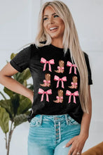 Black T-Shirt with Cowboy Boots and Pink Bows Graphic for Women Woman T Shirts