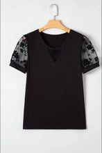 Black T Shirt with Floral Mesh Lace Sleeves for Women Woman T Shirts