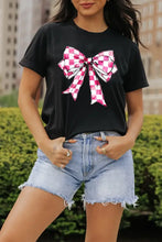Black T-Shirt with Pink Checkered Bow for Women Black Woman T Shirts