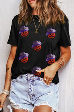 Black T-Shirt with Sequined Pumpkin Faces for Women Black Woman T Shirts