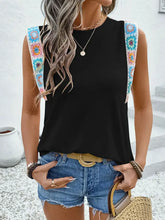 Black Tank Top with Crochet Hem Round Neck and Colorful Shoulder Straps Woman T Shirts