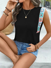 Black Tank Top with Crochet Hem Round Neck and Colorful Shoulder Straps Woman T Shirts