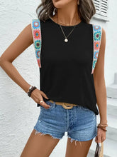 Black Tank Top with Crochet Hem Round Neck and Colorful Shoulder Straps Black Woman T Shirts