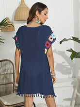 Black Tassel Swimwear Cover Up with Floral Crochet Sleeves Swimwear Cover-Ups