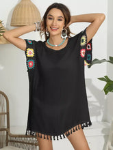Black Tassel Swimwear Cover Up with Floral Crochet Sleeves Black One Size Swimwear Cover-Ups
