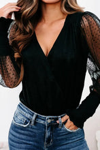Black V-Neck Bodysuit with Sheer Polka Dot Long Sleeve Length Woman Bodysuits