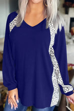 Black V Neck Long Sleeve Top with Leopard Print Accents Woman T Shirts