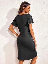 Black V Neck Midi Dress with Flutter Sleeves and Moderate Stretch Sleep Dresses