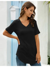 Black V Neck Short Sleeve Womens T Shirt Polyester Spandex Blend Woman T Shirts