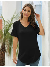 Black V Neck Short Sleeve Womens T Shirt Polyester Spandex Blend Black Woman T Shirts