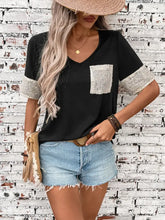 Black V Neck T Shirt with Sequin Pocket and Sleeve Accents for Women Woman T Shirts