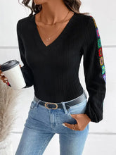 Black V Neck Top with Colorful Crochet Floral Sleeves Woman T Shirts