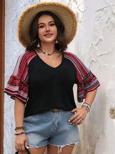 Black V-Neck Top with Striped Ruffle Sleeves for Women Black Woman T Shirts