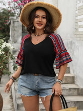 Black V-Neck Top with Striped Ruffle Sleeves for Women Woman T Shirts