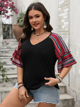 Black V-Neck Top with Striped Ruffle Sleeves for Women Woman T Shirts