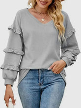 Black Waffle Knit Ruffle Sleeve V Neck Top with Medium Sleeve Length Gray Woman T Shirts