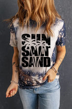 Bleach Splattered Navy T Shirt with Sun Salt Sand Text Dark Navy Woman T Shirts
