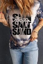 Bleach Splattered Navy T Shirt with Sun Salt Sand Text Woman T Shirts