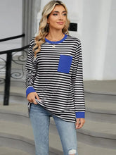 Blue Accented Striped Long Sleeve Pocket Shirt for Women Black Woman T Shirts