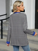 Blue Accented Striped Long Sleeve Pocket Shirt for Women Woman T Shirts