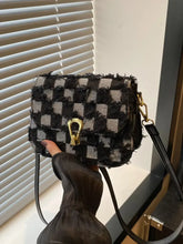 Gray Checkered Denim Crossbody Bag with Gold Clasp Black One Size Shoulder Bags