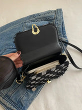 Gray Checkered Denim Crossbody Bag with Gold Clasp Shoulder Bags