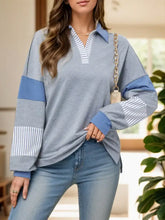 Blue and Gray Color Block Long Sleeve Polo Shirt for Women Gray Woman T Shirts