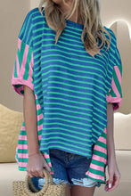Blue and Green Striped Color Blocked Oversized Cotton Tee for Women Cerulean Woman T Shirts