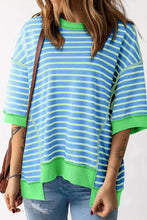 Blue and Green Striped Oversized High Low Top for Women Sky Blue Woman T Shirts