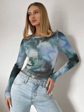 Blue and Green Tie-Dye Long Sleeve Top for Women Woman T Shirts