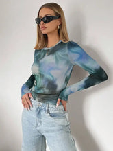 Blue and Green Tie-Dye Long Sleeve Top for Women Woman T Shirts