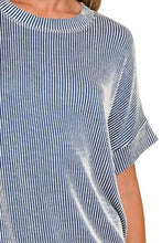 Blue and White Corded Rib Short Sleeve Velvet Top for Women Woman T Shirts