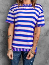 Blue and White Striped Cotton Short Sleeve T-Shirt for Women Heliotrope Purple Woman T Shirts