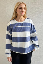 Blue and White Striped Long Sleeve Shirt with Exposed Seam for Women Dusty Blue Woman T Shirts