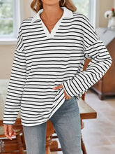 Blue and White Striped Long Sleeve Shirt with Pink Collar White Woman T Shirts