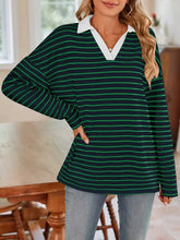 Blue and White Striped Long Sleeve Shirt with Pink Collar Woman T Shirts