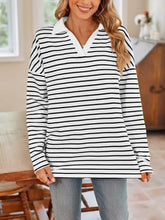 Blue and White Striped Long Sleeve Shirt with Pink Collar Woman T Shirts