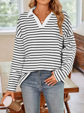 Blue and White Striped Long Sleeve Shirt with Pink Collar Woman T Shirts