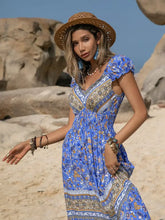 Blue Bohemian Floral Print Maxi Dress with Frill and Ruched Details Casual Dresses